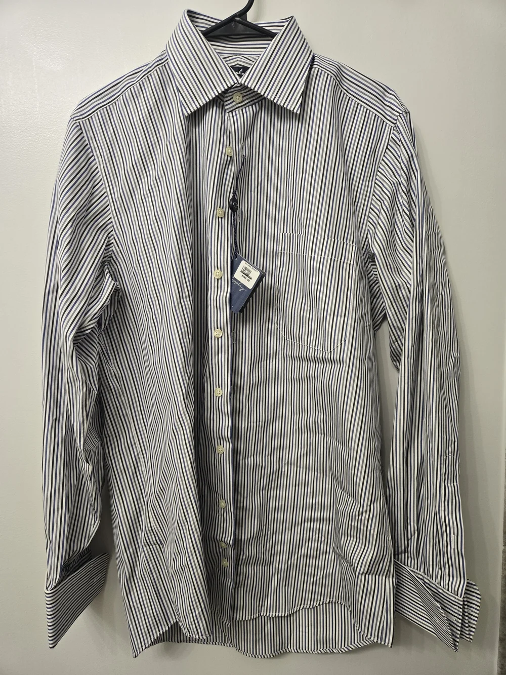 Men's Navy and White Stripe Dress Shirt - Classic Spread Collar - Picture 1 of 4